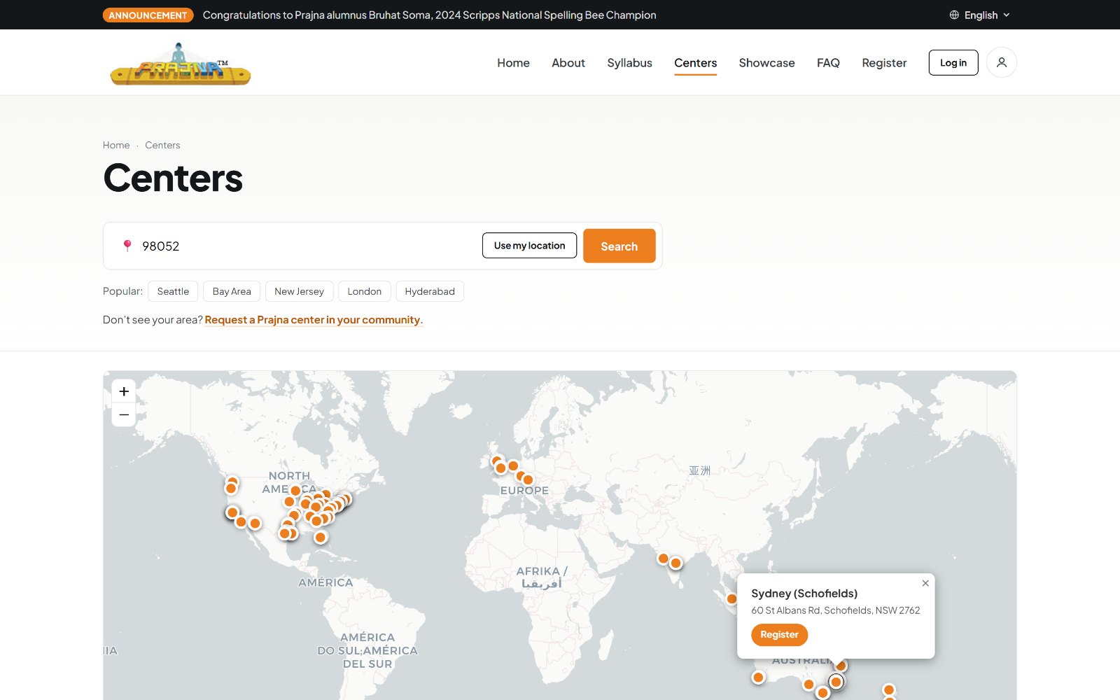 Redesigned centers page with ZIP search, use my location, popular city shortcuts, and a world map of center pins