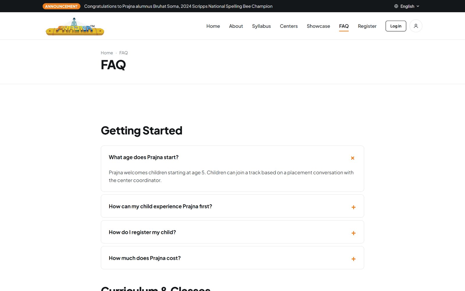 Redesigned FAQ page answering cost, class length, prior knowledge, ages, and language