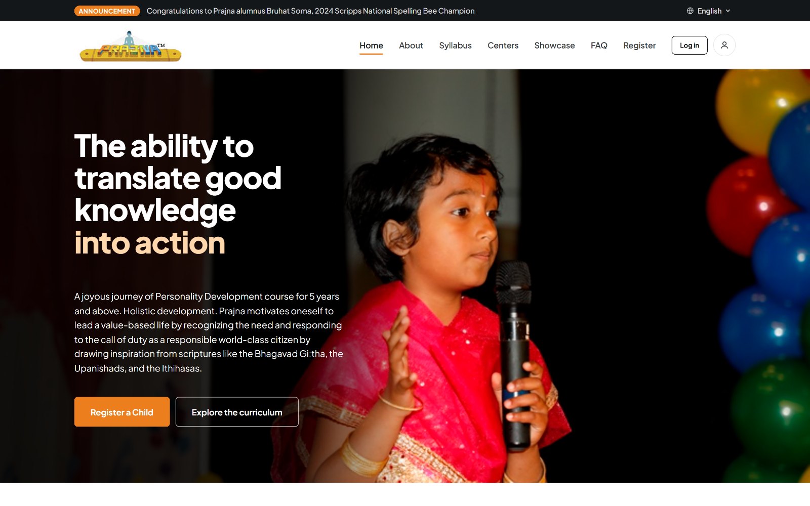 Redesigned Prajna homepage, with a full-bleed photo of a young student speaking and two clear calls to action