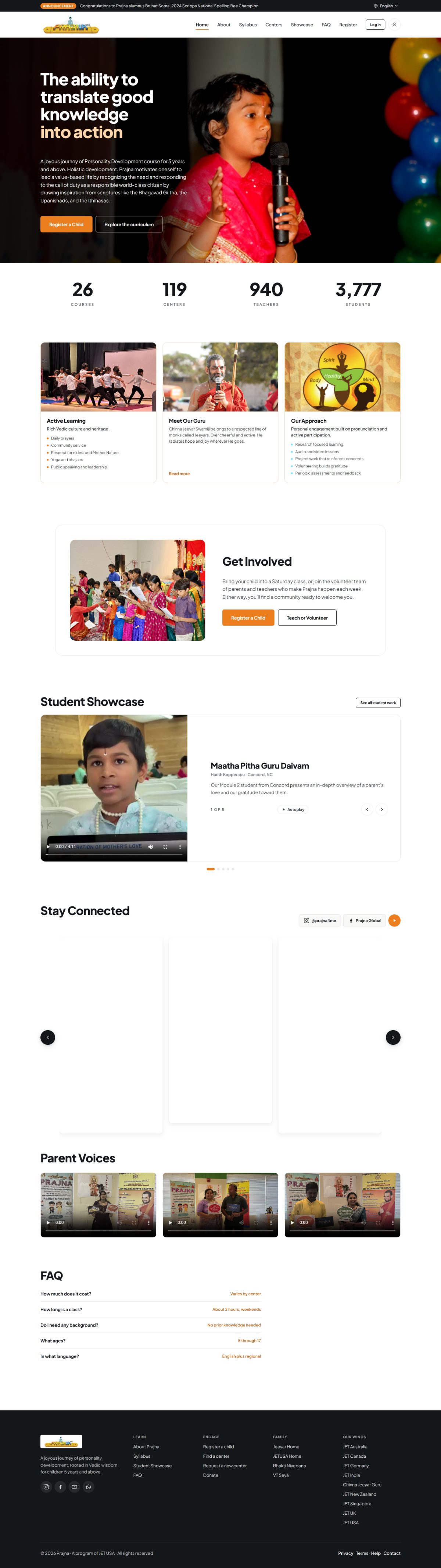 Full scroll of the redesigned homepage, from hero through stats, program cards, get involved, student showcase, social feed, parent voices, and FAQ