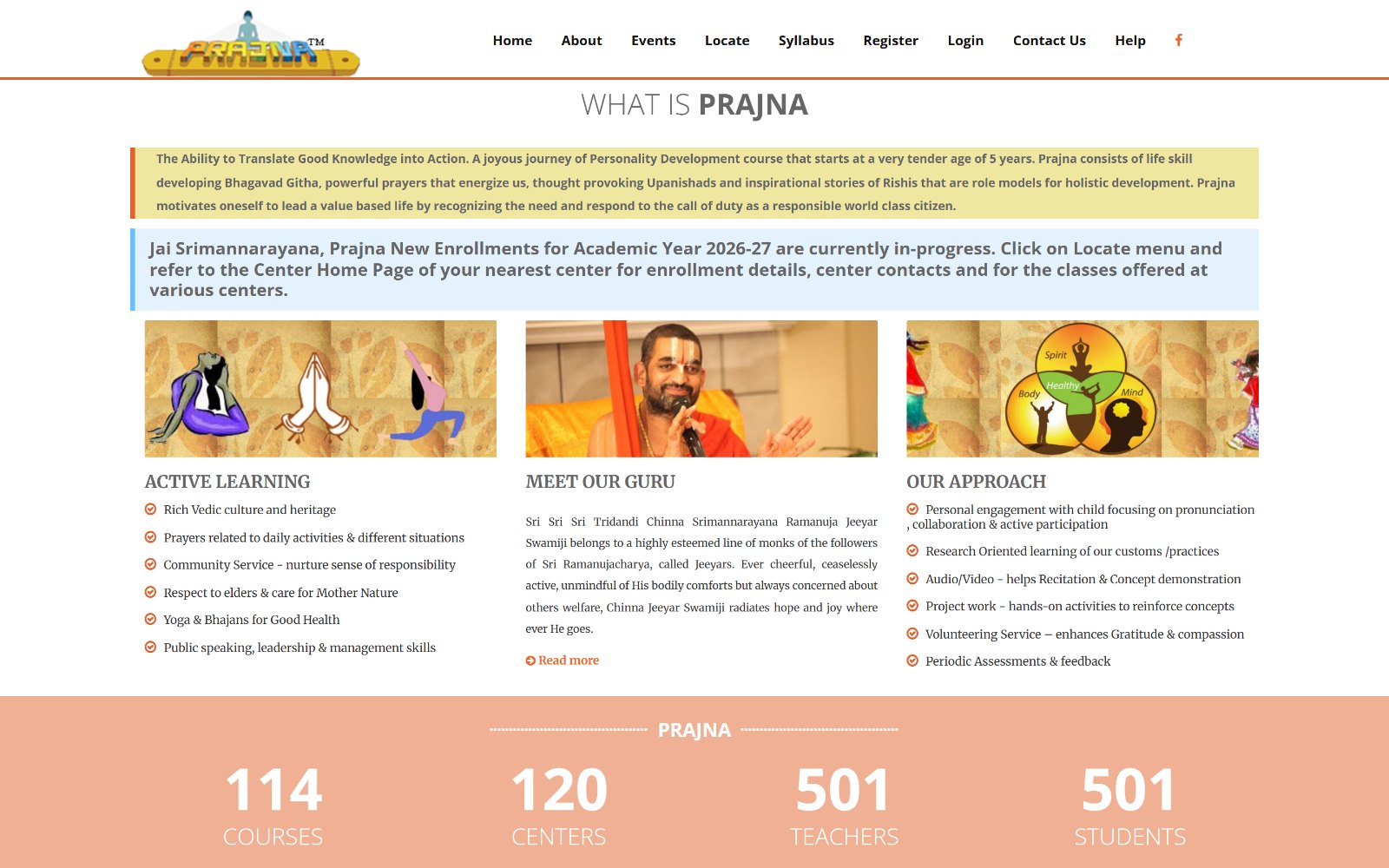 Original Prajna homepage above the fold, with a dense paragraph of body text and three columns of bullet lists