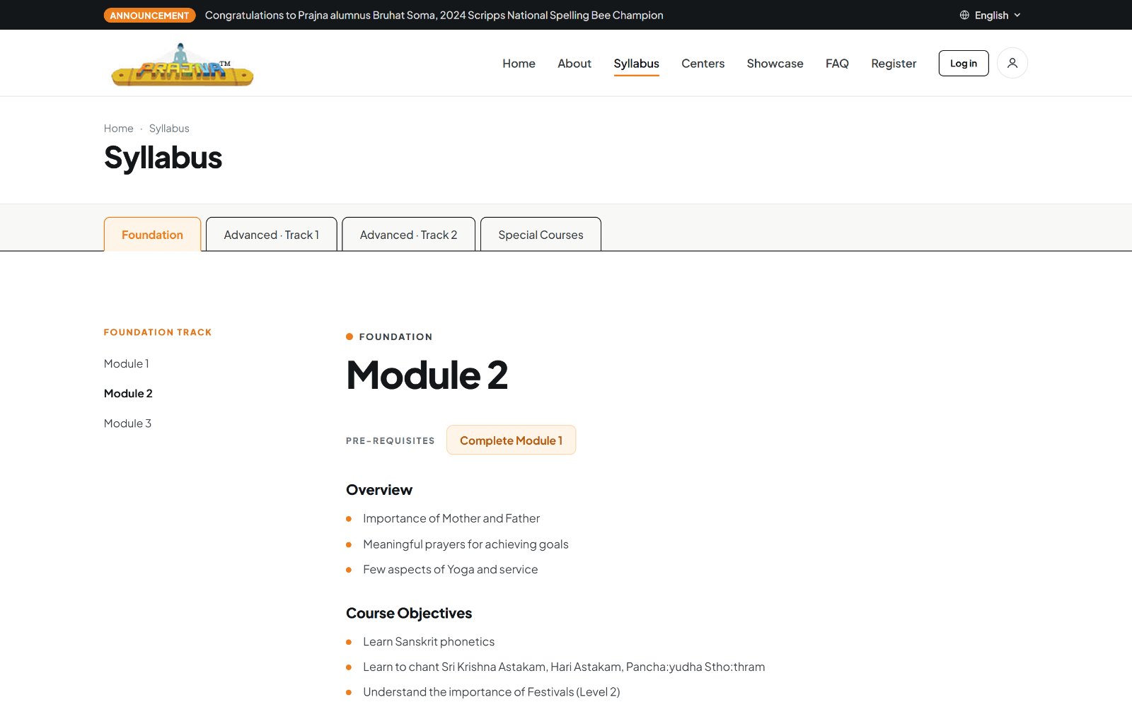 Redesigned syllabus page with Foundation and Advanced track tabs, a module rail, and overview and objectives for Module 2