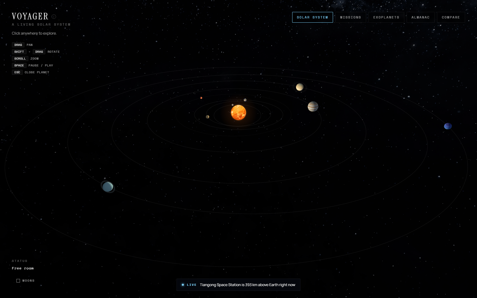 Voyager home view — the full solar system on real elliptical orbits