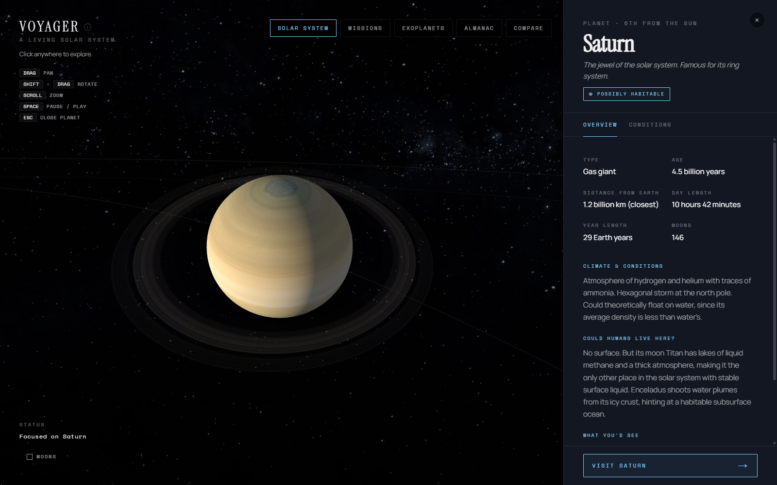 Voyager — Saturn with its rings, beside a detail panel of facts and conditions