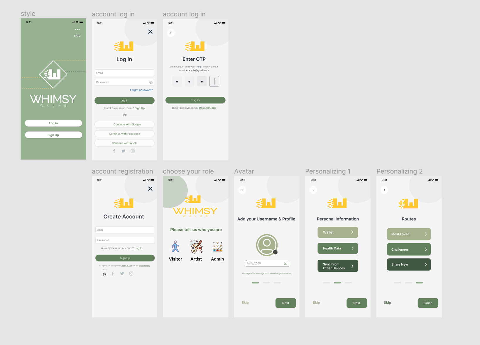 Account onboarding and registration screens