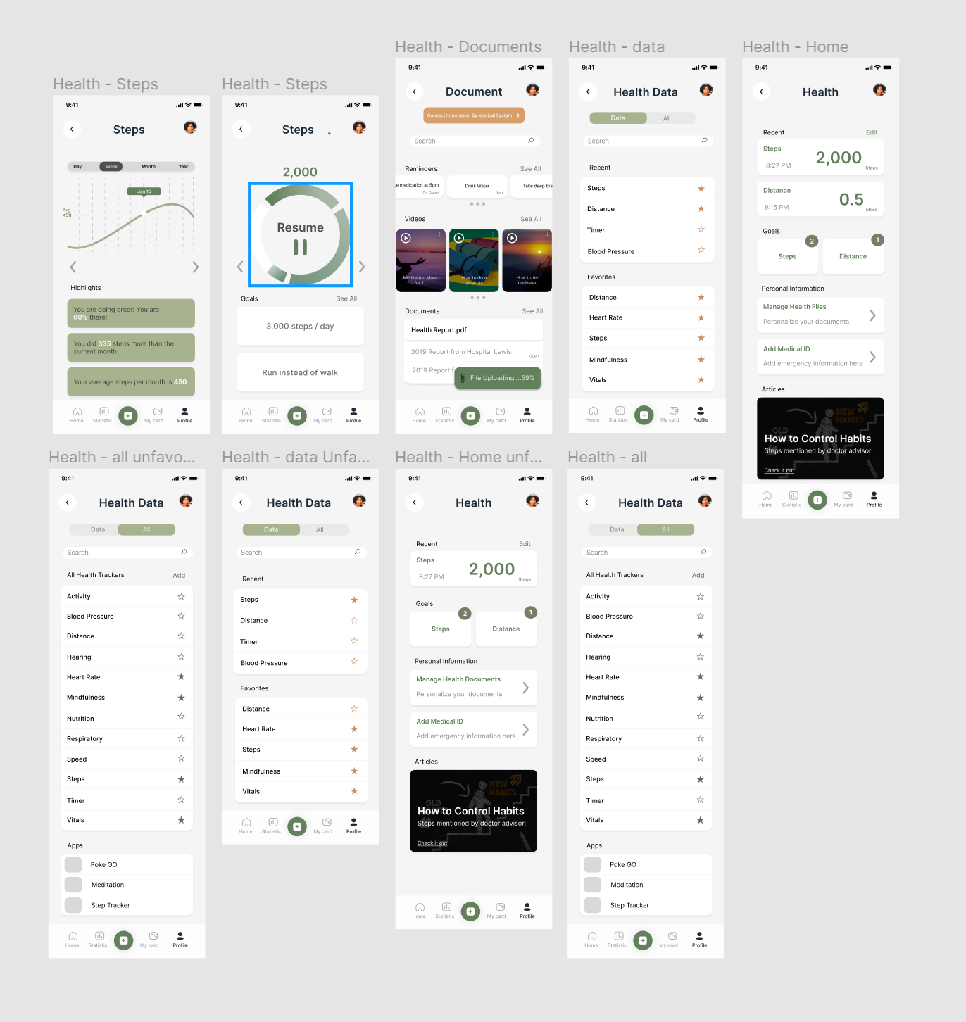 Health tracking feature screens