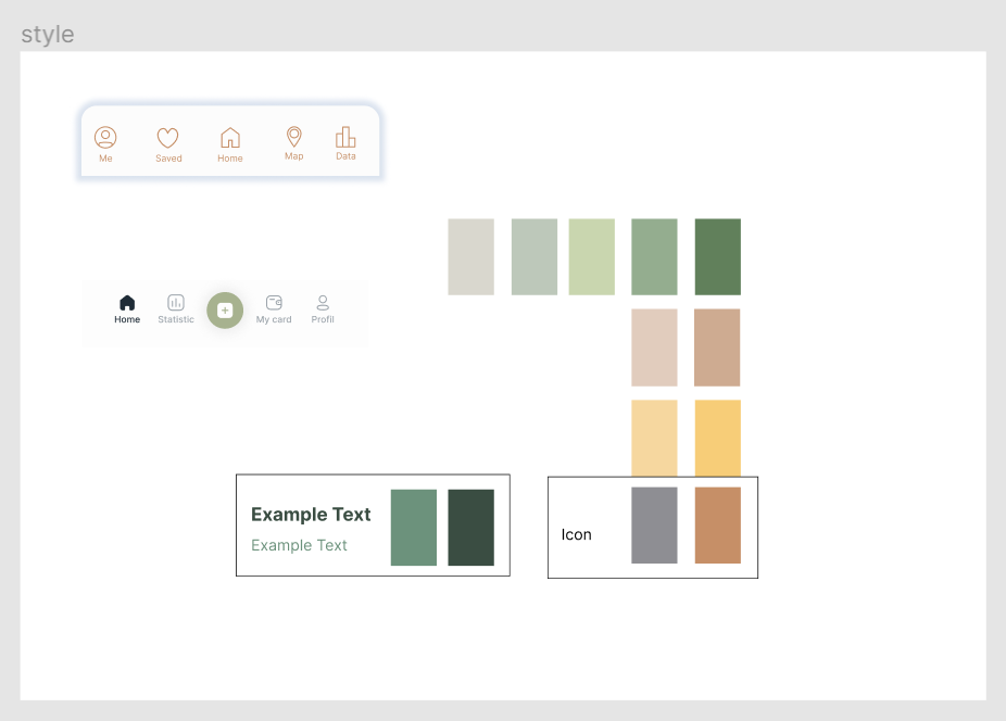 Whimsy Walks style guide with colors, icons, and navigation